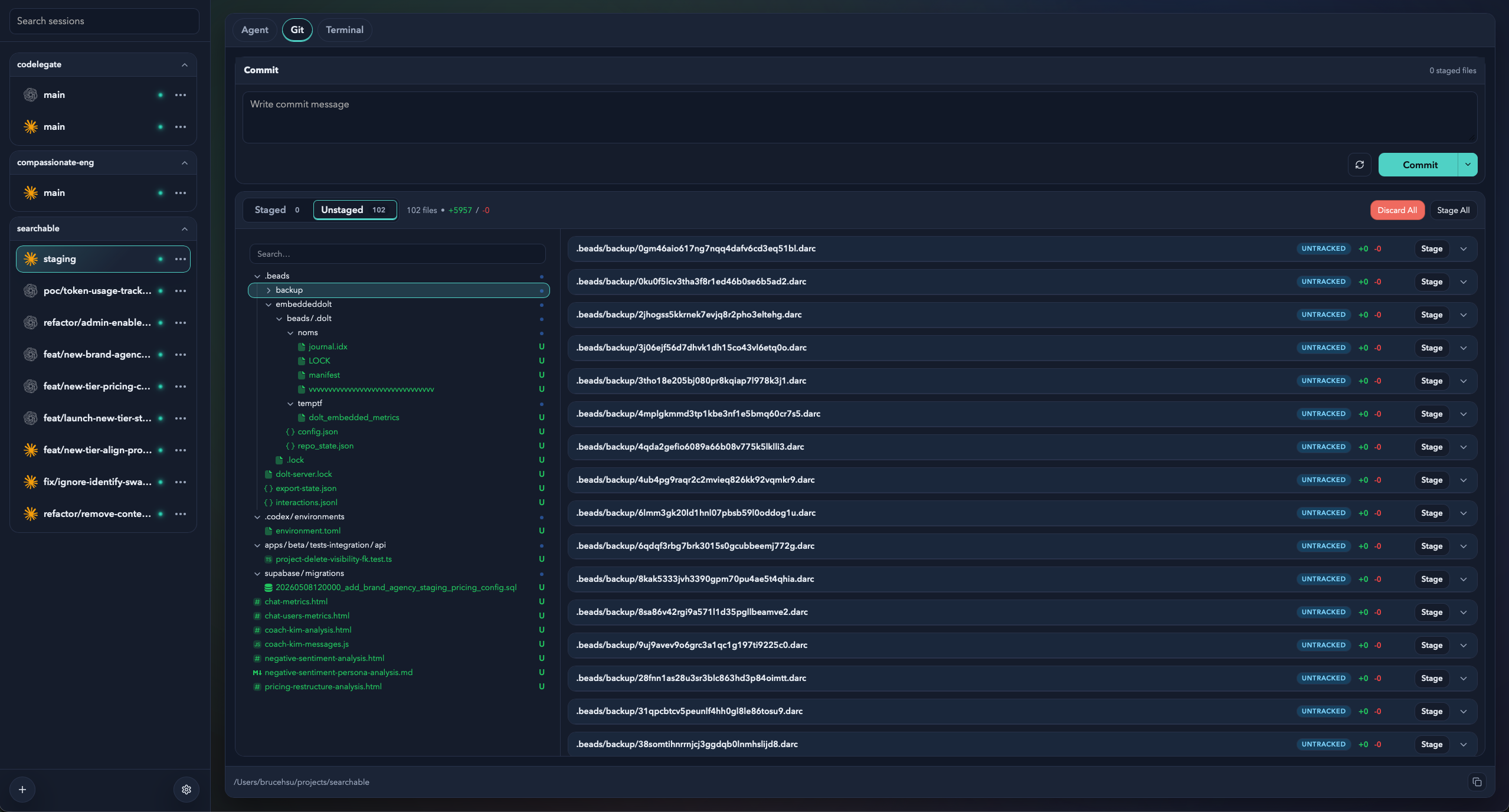 Git pane two-column file-tree layout